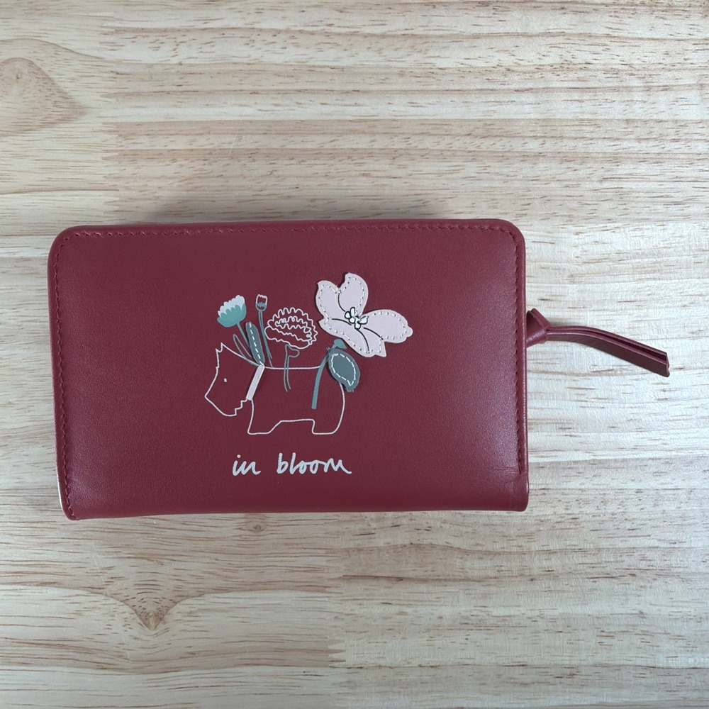 Radley London In Bloom Red Burgundy Leather Clutch Wallet Scottie Dog Flower